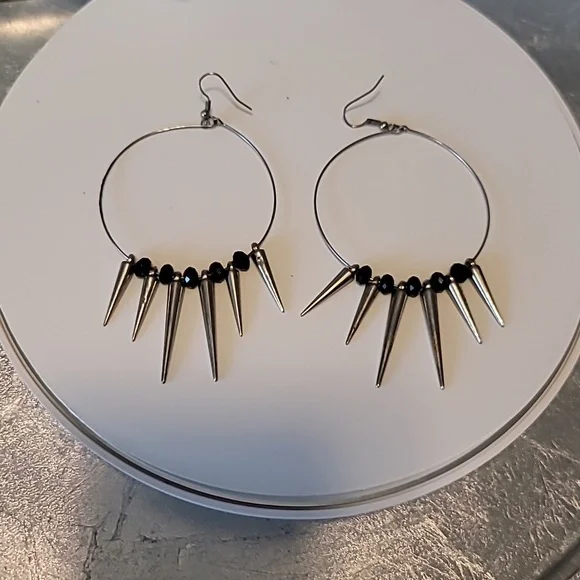 Silver and Black Spike Goth Punk Rock Hoop Earrings - Picture 1 of 2